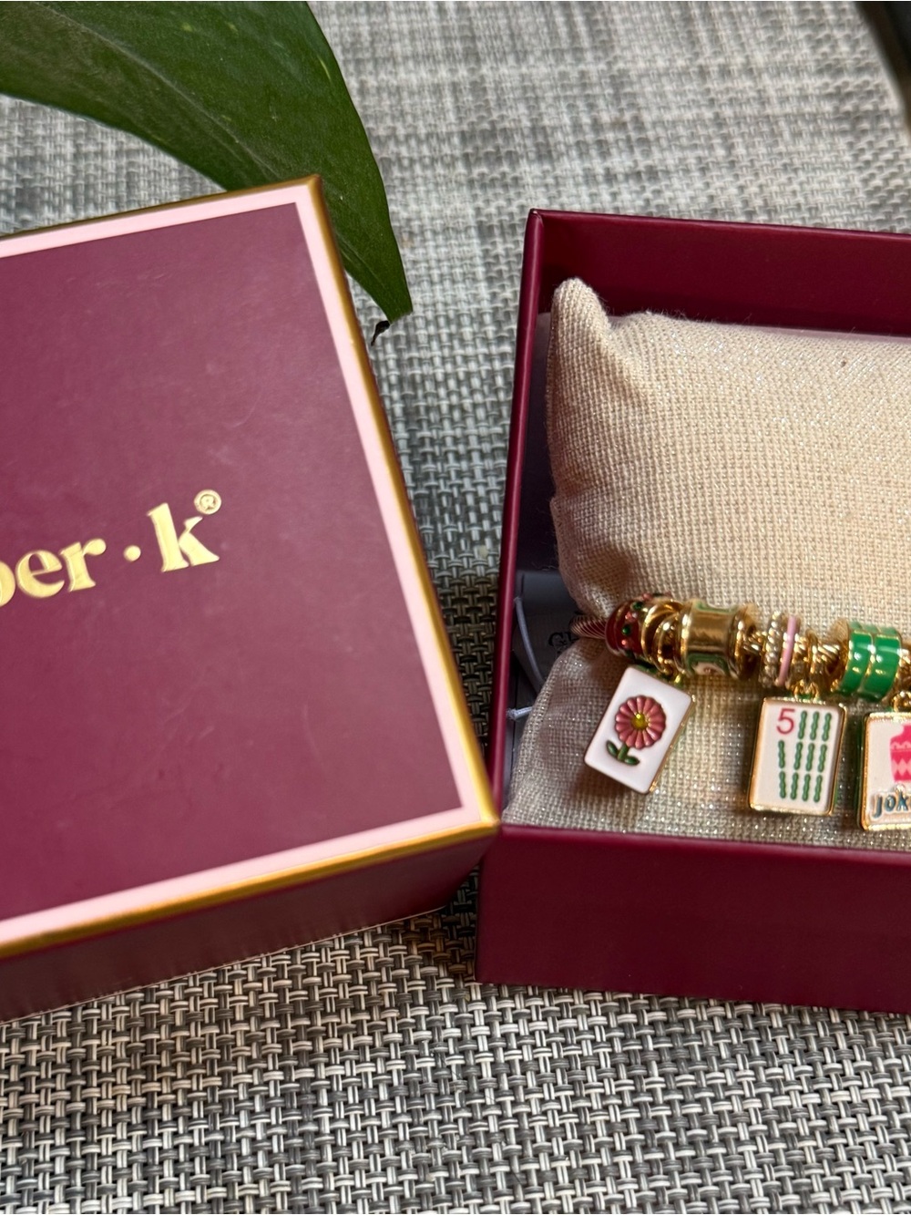 Piper K Mahjong Gold Charm Bracelet with Pink and Green Enamel Tiles 🌺